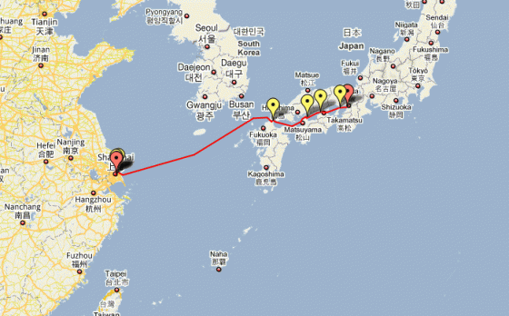 Shanghai Ferry Company Route Map This was our route from Osaka, Japan to Shanghai, China. How glorious! Our means know no bounds!