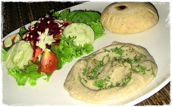 Baba Ghanoush with homemade pita and salad that we freshly picked from the restaurant's farm! 