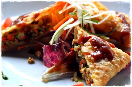 Chicken Martabak - a local muslim snack topped with sweet date chutney